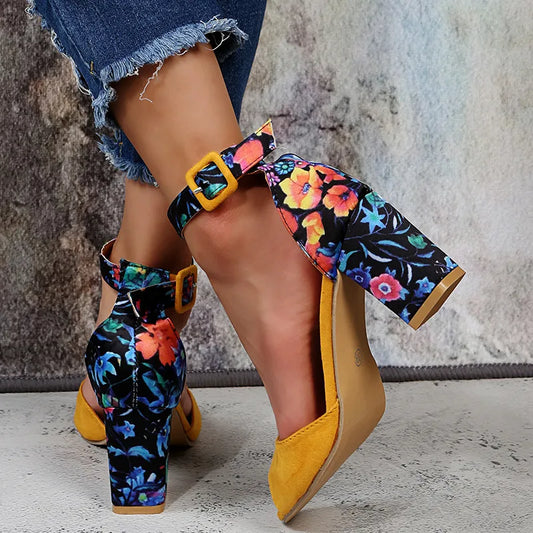 2023 Fashion Women Black Flock Flower Color High Heels Sandals.